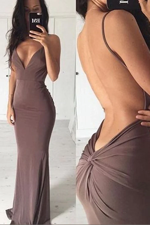 Sexy Sheath Sweep Train Deep V Neck Sleeveless Backless Long Prom Dress gh2196