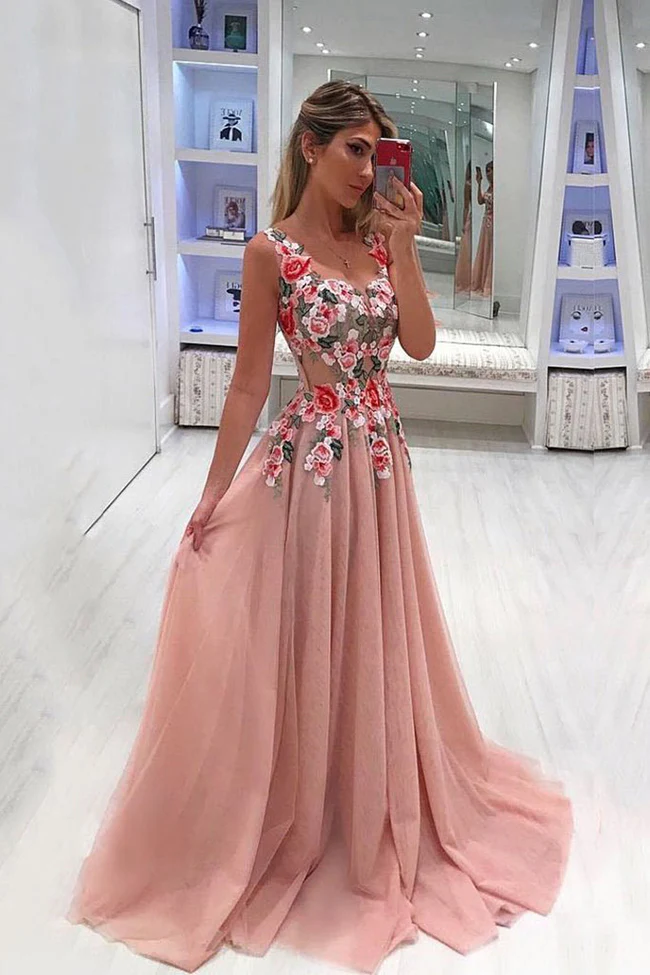 Fashion Blush Pink See Through Lace Flowers Prom Dress Formal Evening Party Dresses gh2174