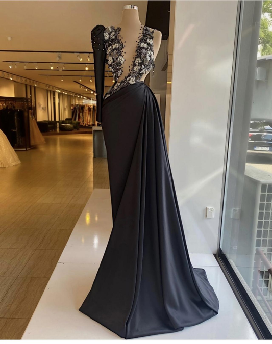 black prom dresses, long sleeve prom dresses, hand made flowers prom dresses, black evening dresses, long sleeve evening gowns gh2188