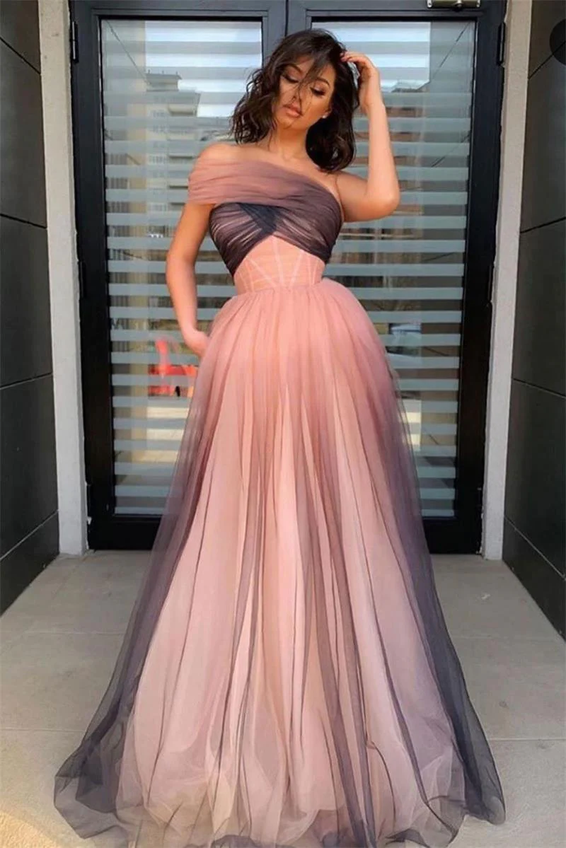 One-Shoulder Ombre Long Prom Dress Elegant Tulle Formal Gown gh2204