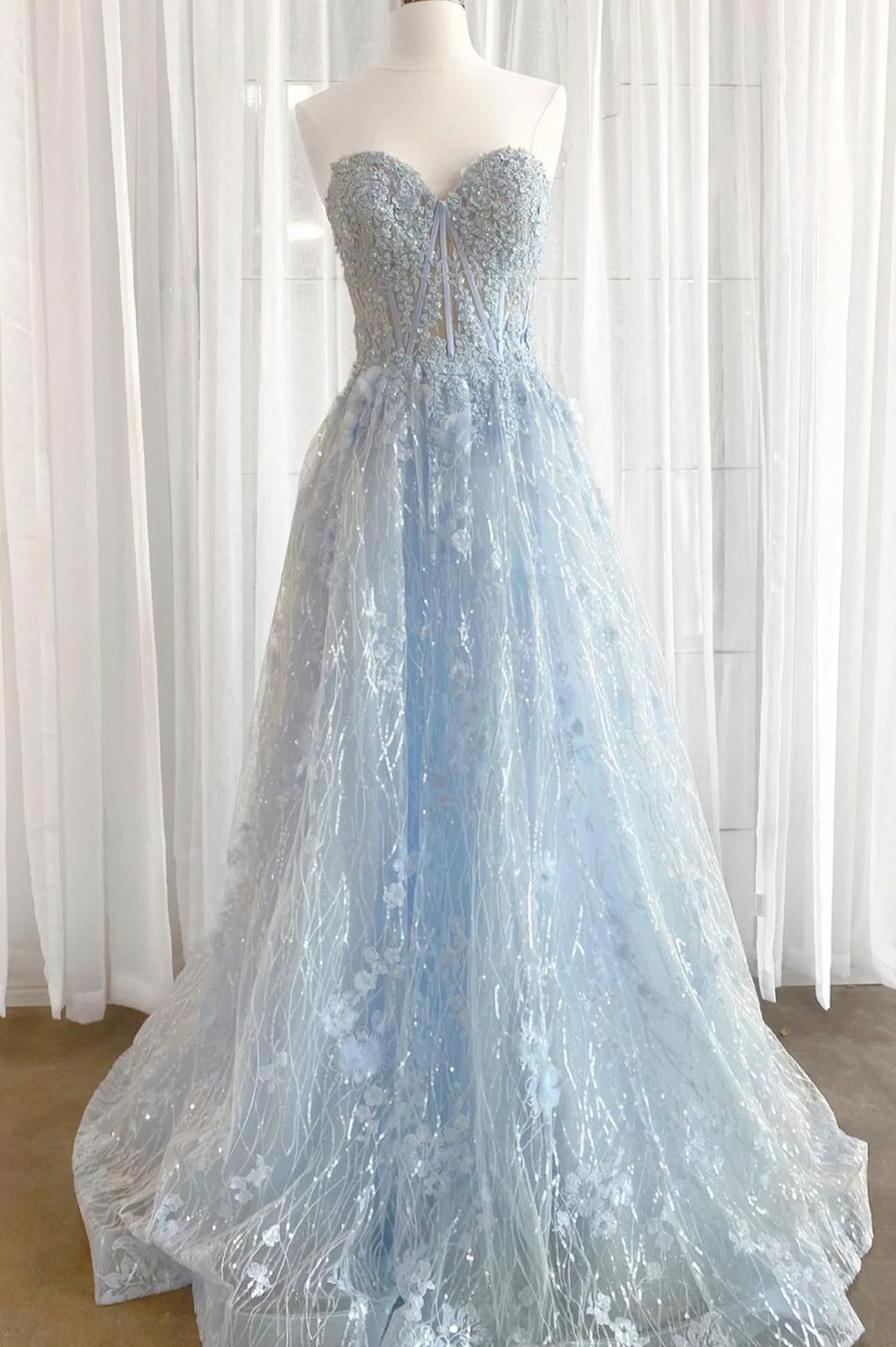 Blue tulle sequins long prom dress blue evening dress gh2310