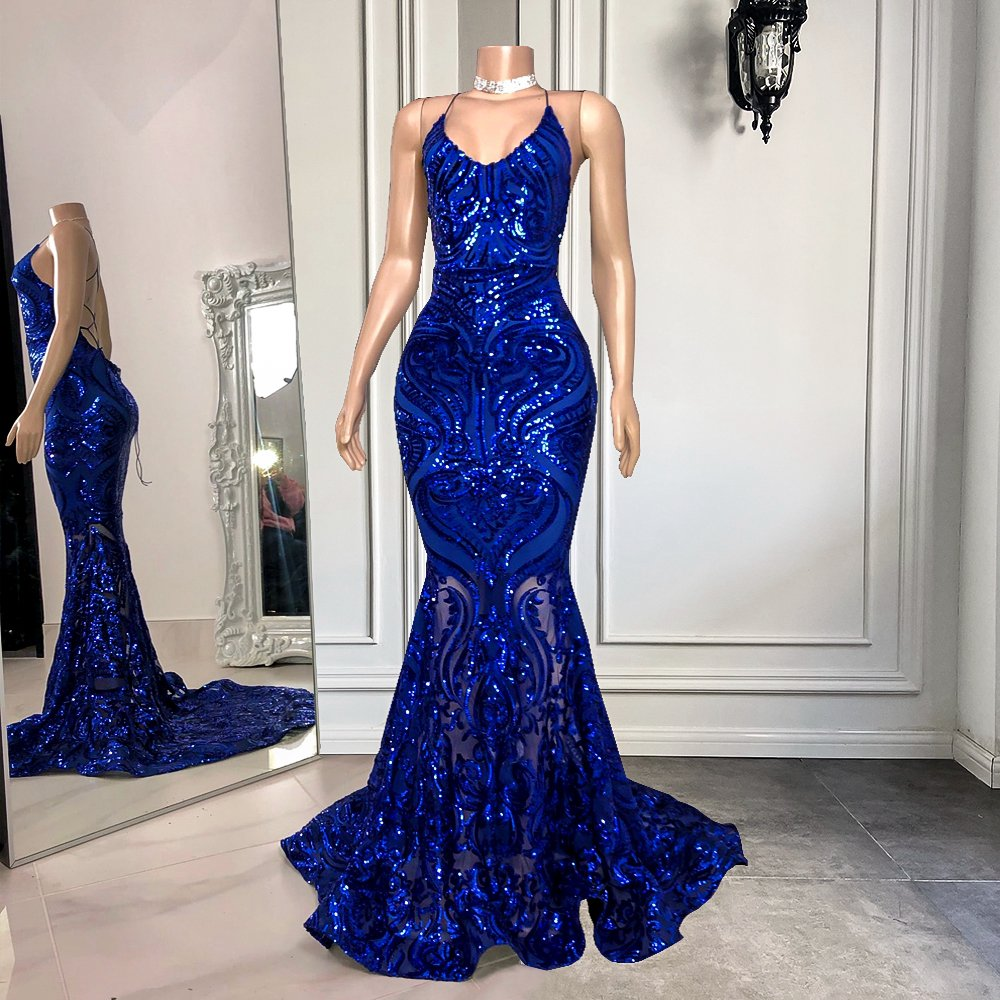 Spaghetti-Straps Royal Blue Long Mermaid Prom Dress With Sequins gh2101