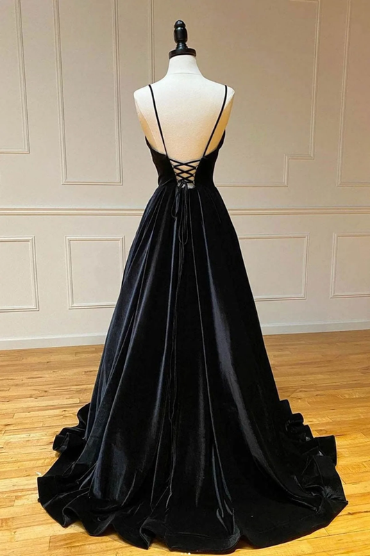 A Line V Neck Backless Black Velvet Long Prom Dresses, V Neck Black Formal Dresses, Black Velvet Evening Dresses gh2235