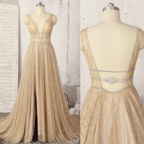 A-line Deep V-neck Sleeveless Sequins Floor-length Prom Dresses, Long Evening Dresses gh2291