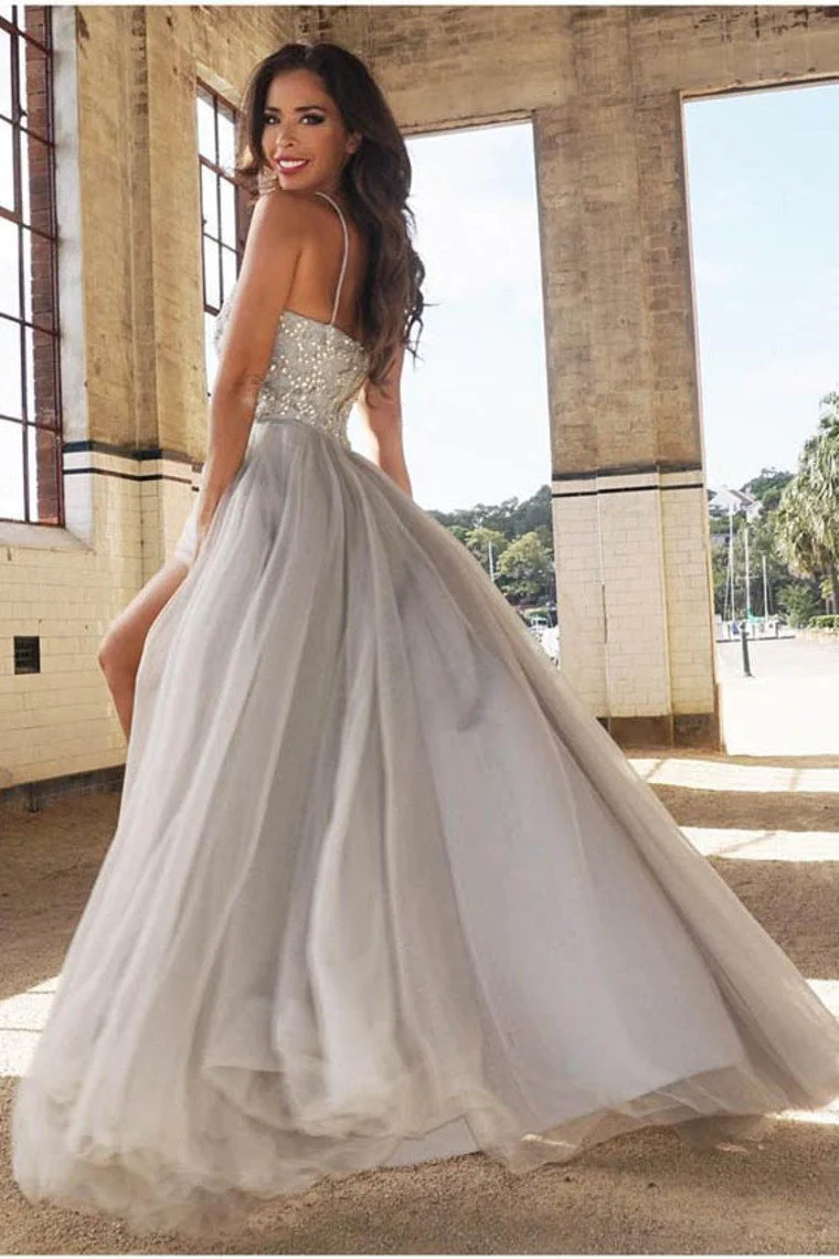 Spaghetti Straps Beaded Bodice Prom Dresses A Line Tulle Sweep Train gh2253