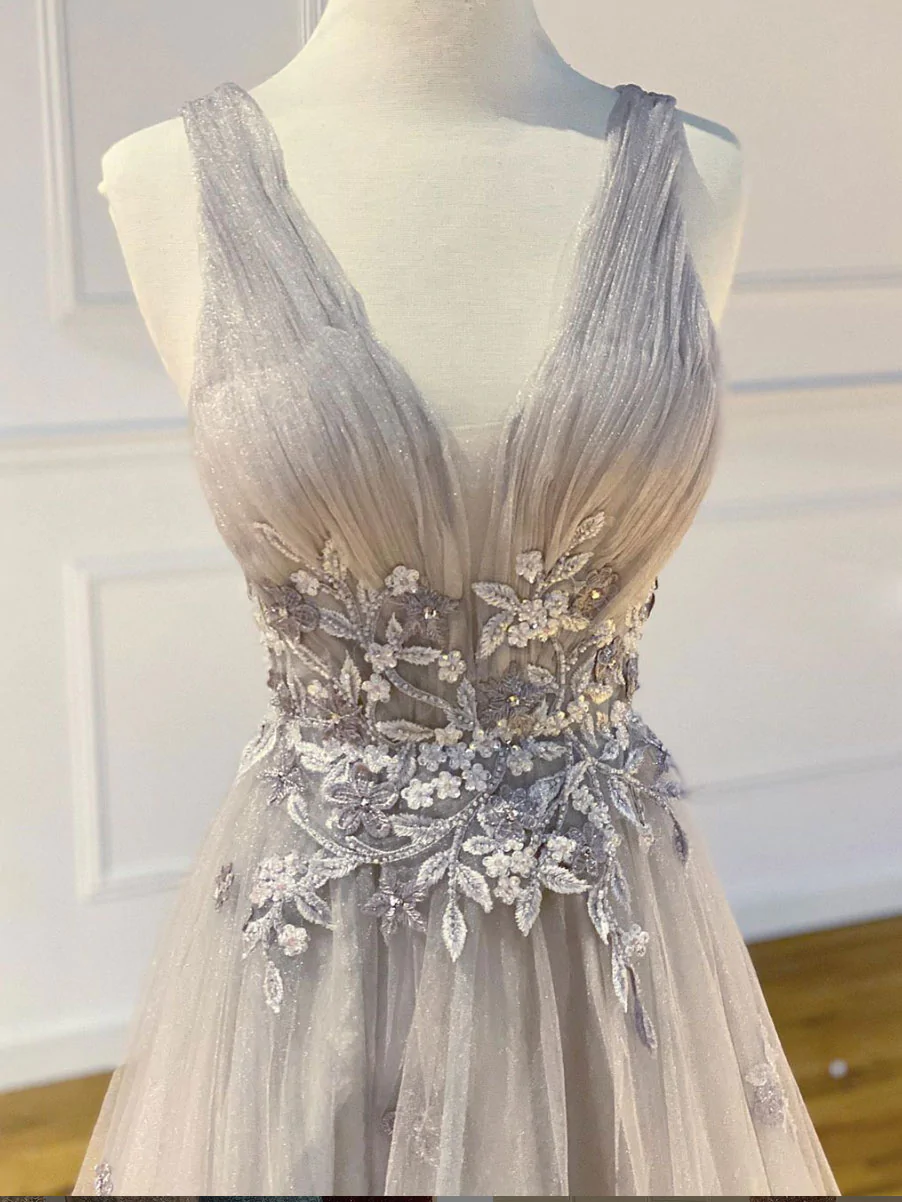 Gray v neck tulle lace long prom dress gray tulle formal dress gh2311