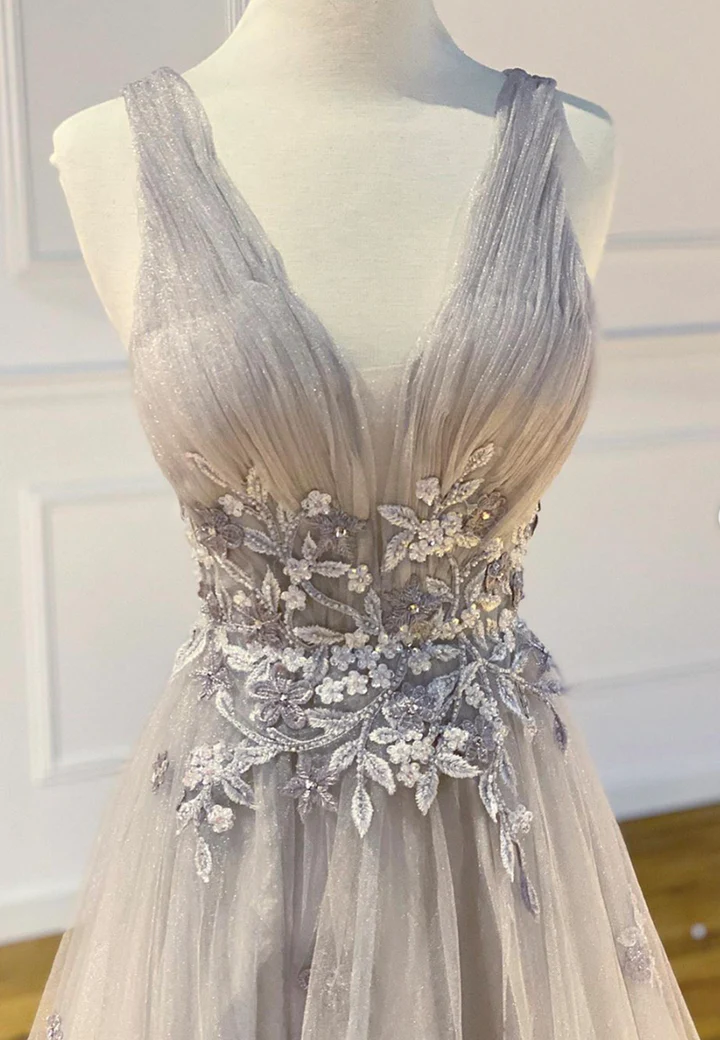 Gray tulle lace long prom dress evening dress gh2287