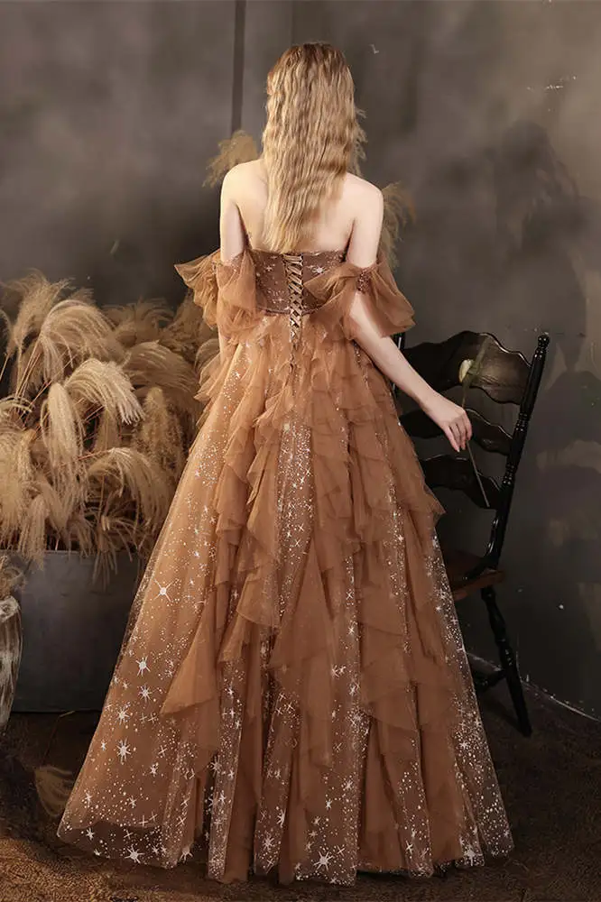 Champagne shiny elegant layered long tulle ball gown evening dress gh2226