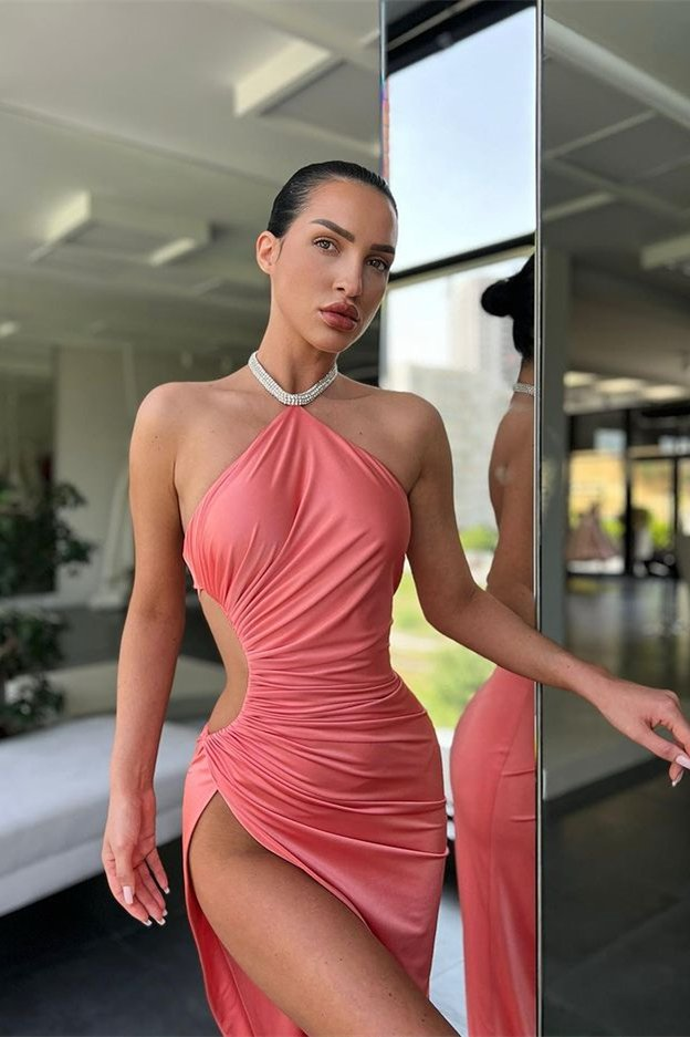 Modern Halter Sleeveless Mermaid Prom Dress Split Long Online gh2036