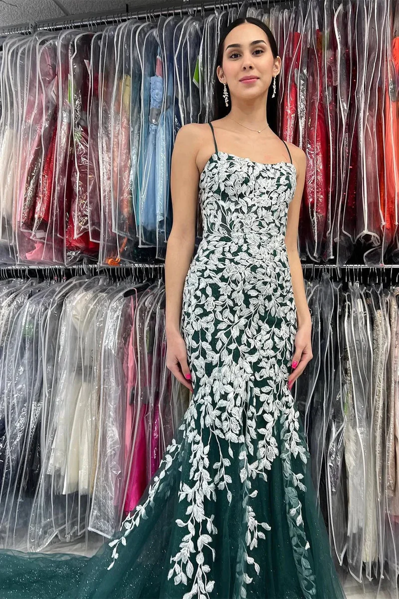 Mermaid Spaghetti Straps Lace Tulle Prom Dress gh2690
