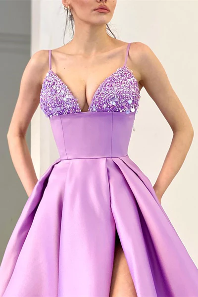 LILAC SPAGHETTI-STRAPS SLEEVELESS PROM DRESS SPLIT LONG WITH SEQUINS gh2034