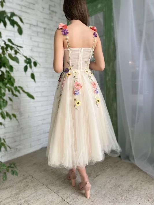 Light Champagne Ankle-Length Evening Gowns Colorful Pattern Appliques Formal Party Dresses 3D Flowers Straps Prom Dress fg251