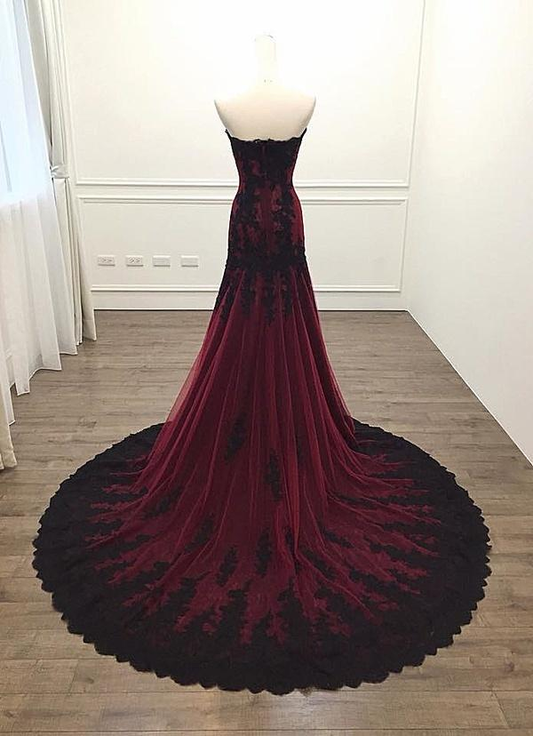 Black And Red Sweetheart Tulle With Lace Glam Evening Gown Party Dress Long Formal Dress