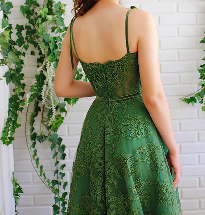 Dark Green Lace Prom Gown A line Long Green Lace Fairy Prom Dress Sweetheart Tied Straps Ball Gown Prom Dress Lace Homecoming/Party Dress
