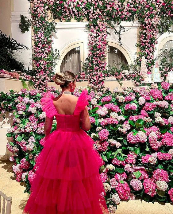 Vintage Hot Pink A-Line Prom Dress Long Sweetheart Evening Dress Chiffon Tiered Formal Dress TP4579