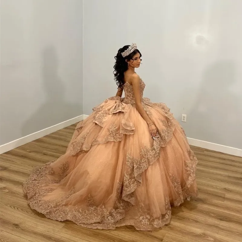 Champagne Shiny Off The Shoulder Ball Gown Quinceanera Dress Appliques Lace Beaded Birthday Party Gowns Sweet 16 vestidos