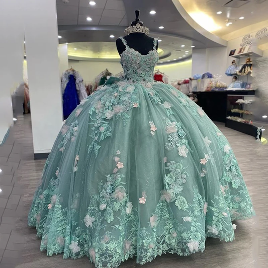 Green Princess Ball Gown Quinceanera Dresses With Bow Appliques Sweet 16 Dress Vestidos De 15 anos
