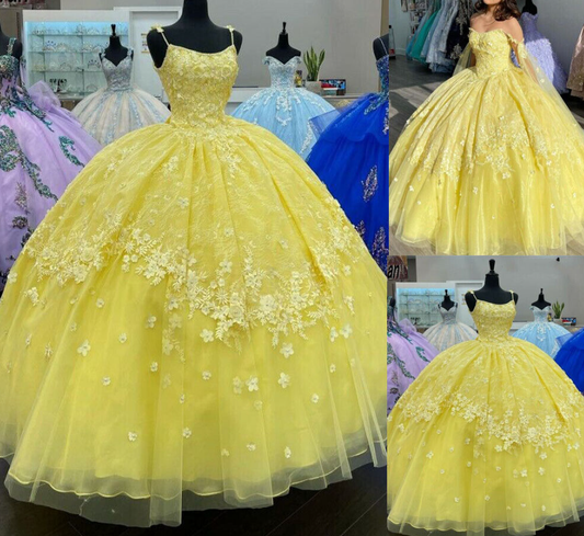 Puffy Quinceanera Dress Sweet 16 Dress With Detachable Cowl Cape Long Ball Gown Yellow Prom Gown
