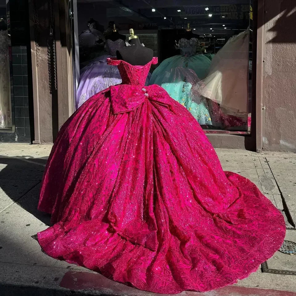 Elegant Hot Pink Sequin Off-the-shoulder Sweet 16 Quinceanera A-Line Tulle Floor-length Prom Dress Birthday Dress Evening Dress Ball Gown TP4541