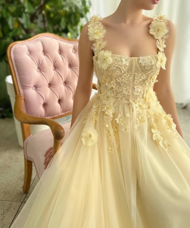 Sleeveless Evening Dress With Flowers A Line Formal Gown