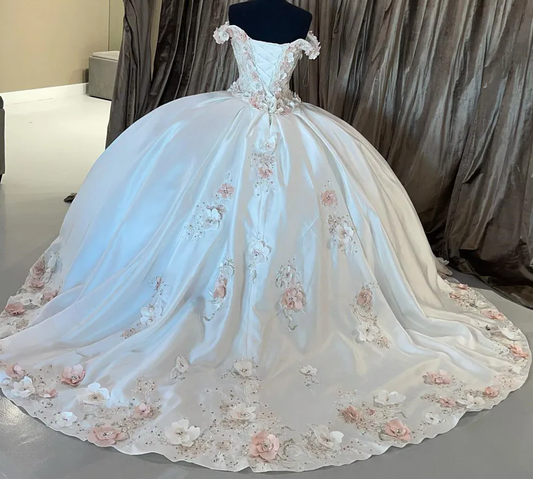 Quinceanera Dress Ball Gown 3D Flowers Appliques Lace Corset Sweet 15 16 Graduation vestidos de 15 anos