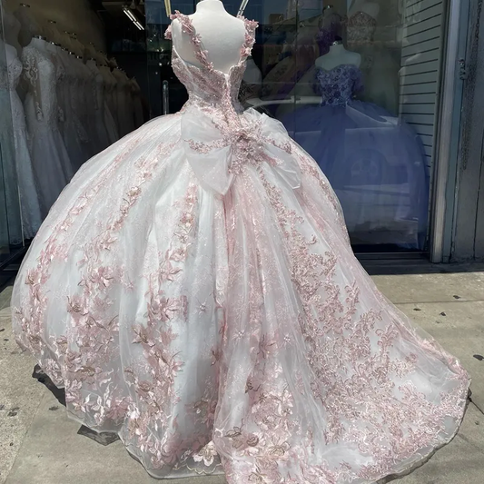 Pink Sexy V Neck Shiny Quinceanera Dresses Beading 3DFlower Ball Gown Sleeveless Tulle Sweet Princess Vestidos De 15 Girls