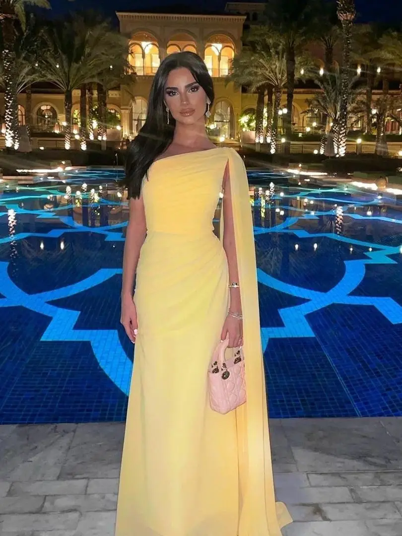 Yellow Chiffon One Shoulder Evening Dress Elegant Pleated Dubai Arabic Evening Gowns