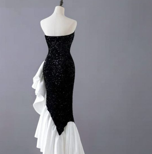 Black Sequin Mermaid Dress Party Glitter Dress Strapless Evening Gown For Women