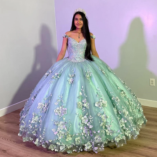 Light Green Quinceanera Dress with 3D Flowers Sleeveless Cape Ball Gown Corset Vestido De 15 Anos