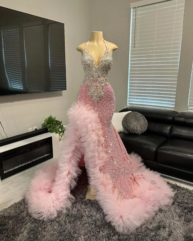 Pink Mermaid Prom Dress for Women 2024 Sparkly Black Girl Birthday Party Gown