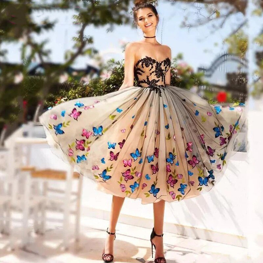 Black and Champagne Tulle Short Prom Dresses Sweetheart Butterflies Applique Homecoming Party Gowns Tea Length