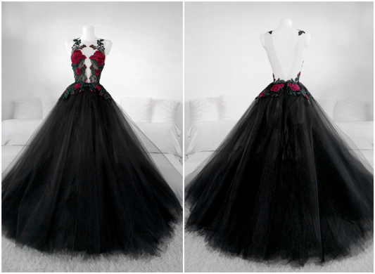 Beautiful Black Tulle With Lace Applique Long Formal Gown Black Party Dresses