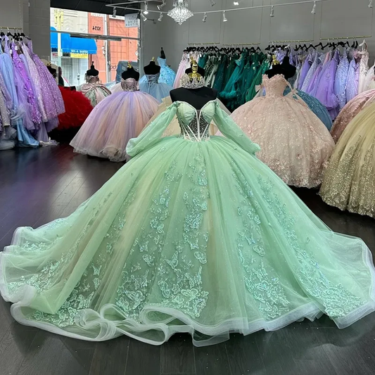 Green Off The Shoulder Ball Gown Quinceanera Dress Tull Princess Vestidos De 15 Anos Birthday Party Sweet 16 Dress