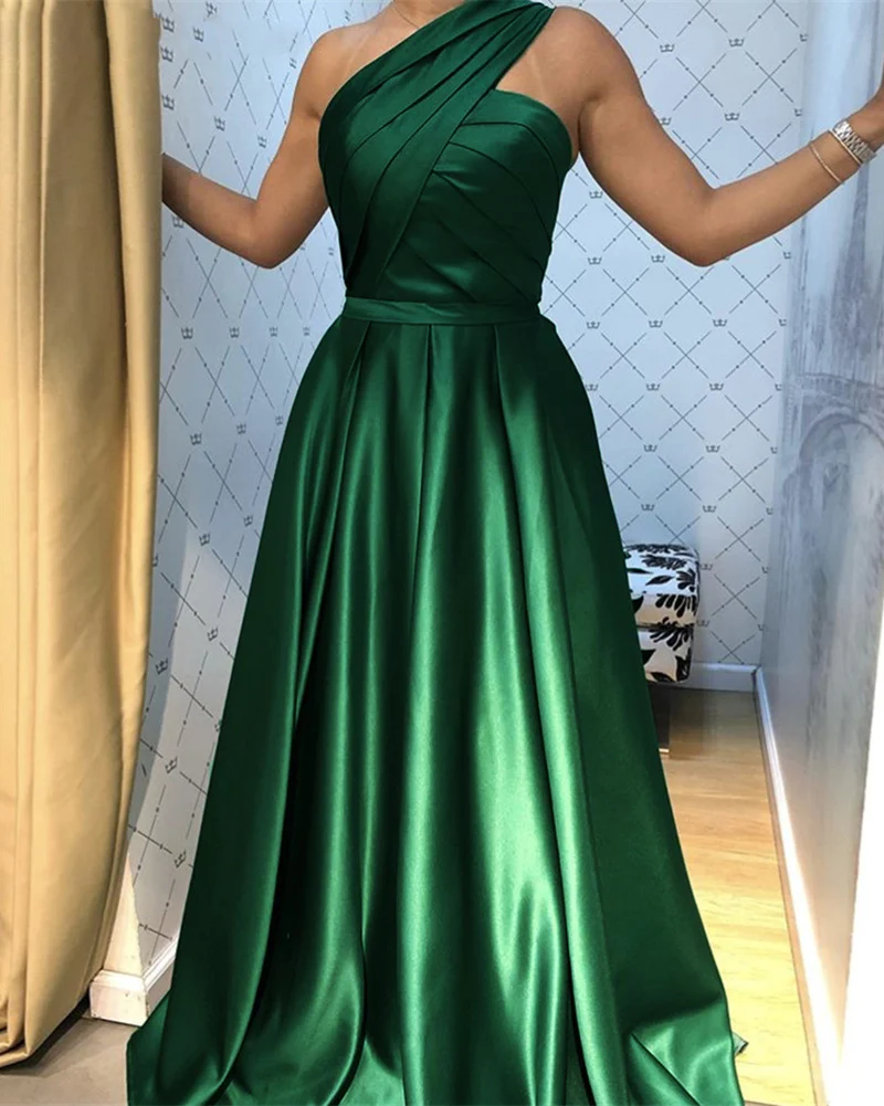 One Shoulder A Line Satin Emerald Green Formal Evening Dress Prom Party Long Gown