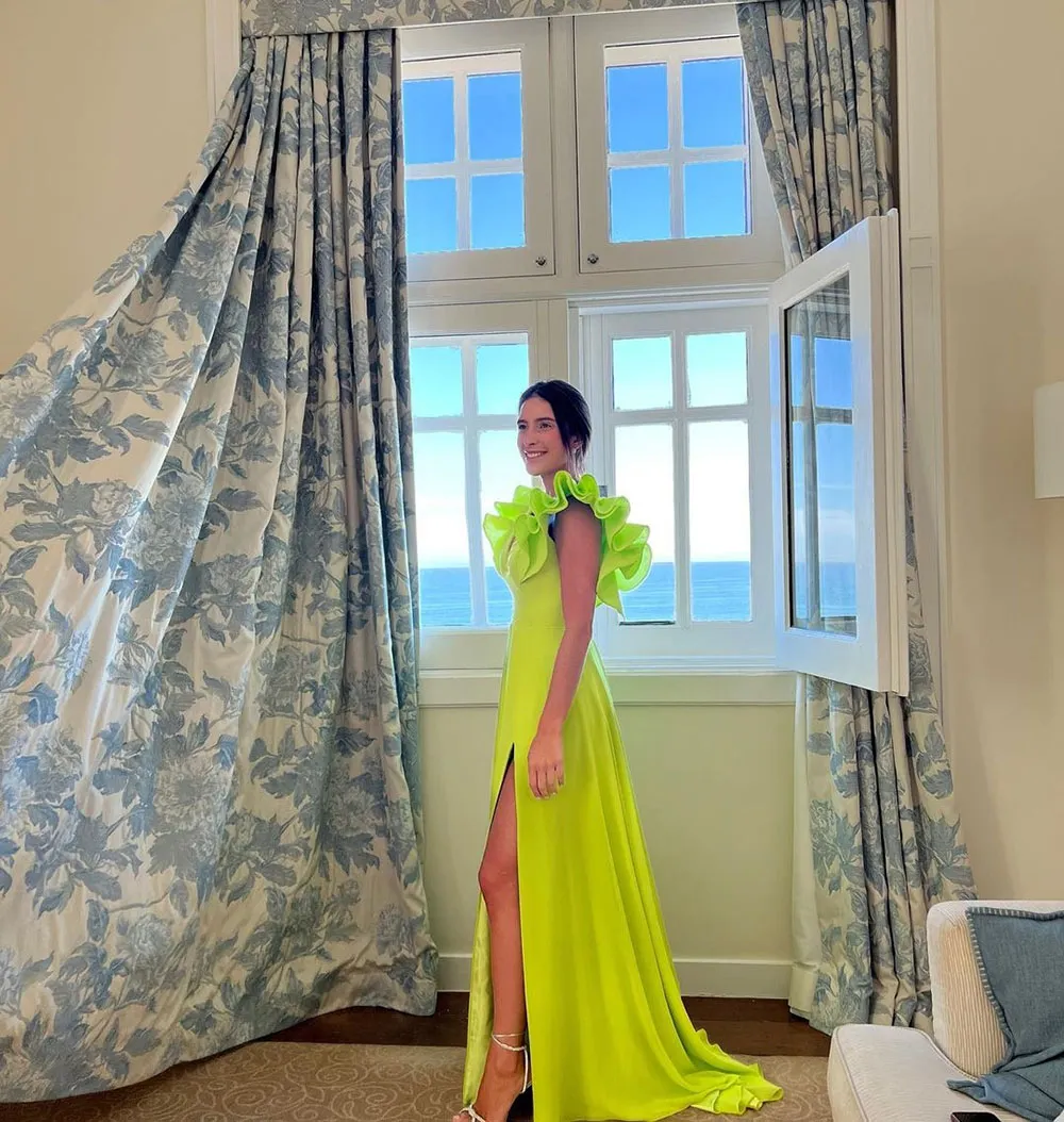 Modern Ruffles Sleeve Evening Dresses V Neck Side Split Satin Special Dress Prom Gown