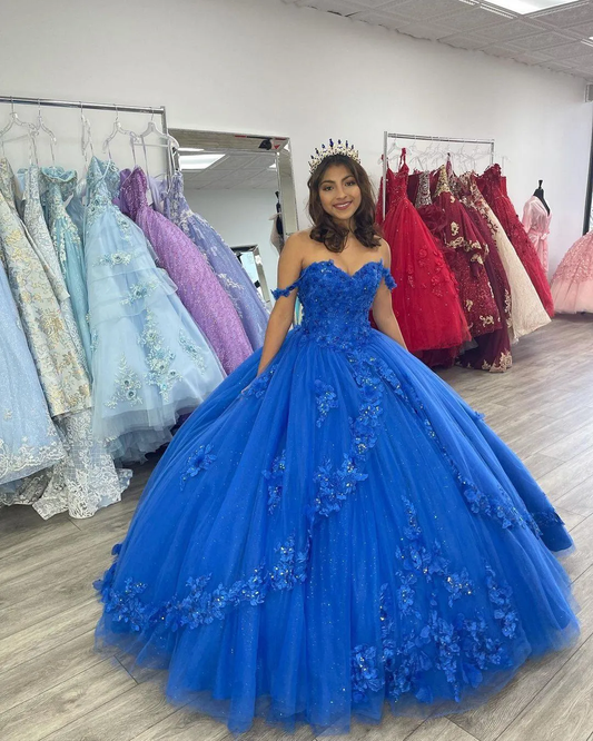 Royal Blue Quinceanera Dresses Lace Appliques Off Shoulder Tulle Evening Gowns