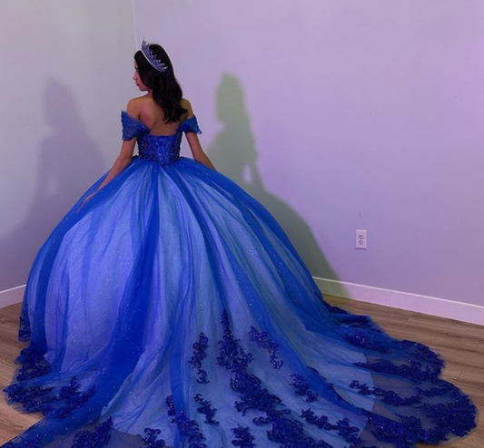 Princess Royal Blue Off The Shoulder Ball Gown Quinceanera Dress For Girls Beaded Appliques Sweet 16 Birthday Party Gowns