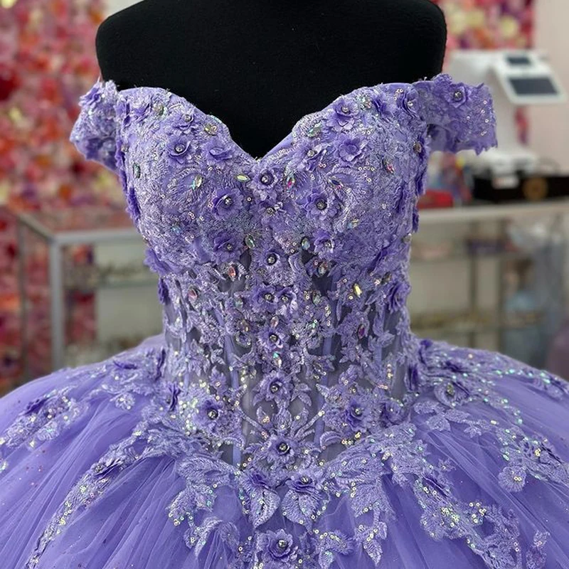Ball Gown Quinceanera Dresses Beaded Appliques Lace Off Shoulder Tulle Sweet 15 16 Dress XV Prom Party Dress