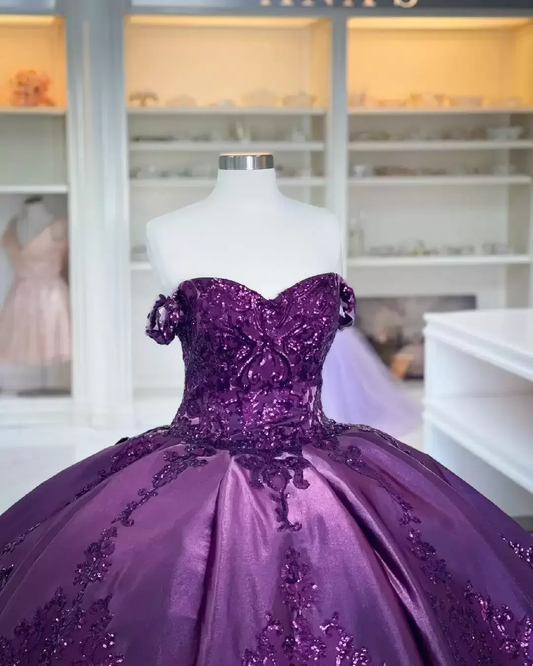 Dark Purple Ball Gown Quinceanera Dresses Bling Sequined Applique Off Shoulder Prom Party Dress
