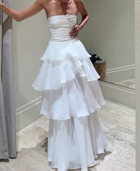 White Multi layer Evening Dresses Long White Prom Gown