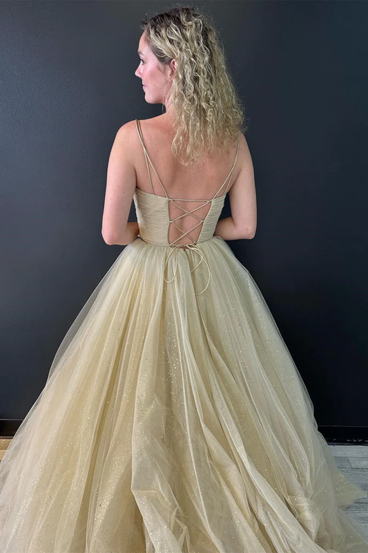 A line V Neck Glitter Tulle Prom Dress with Lace up Back gh2706