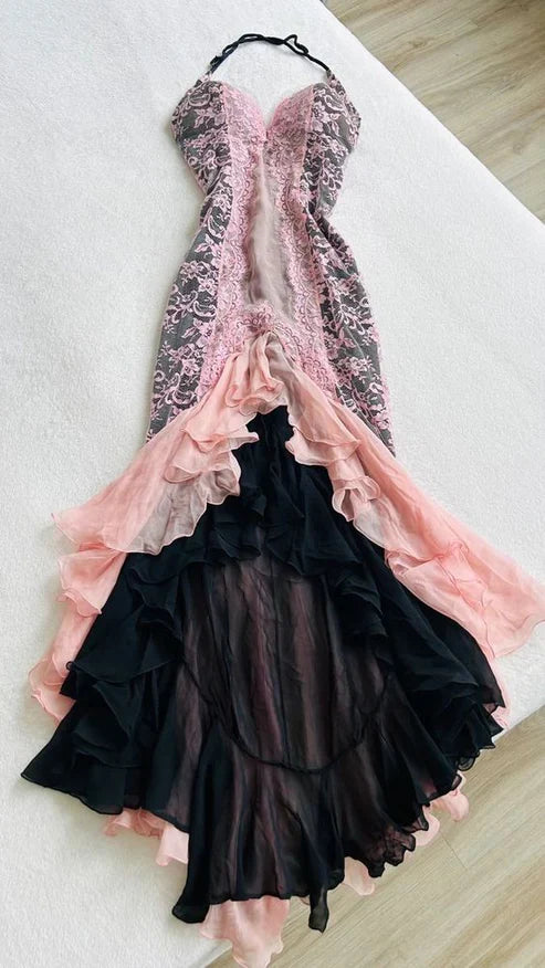 Pink fashion elegant backless halter exquisite lace A-line long prom dress evening gown party dress gh2929