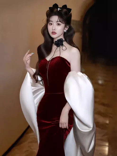 Burgundy Fashion Elegant Mermaid Off-shoulder Long Slim Velvet prom dress Evening Dress Party Dress gh3574