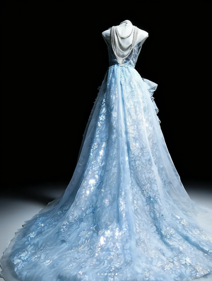 Glamorous Blue Tulle Lace Floral Long Party Dress Formal Birthday Prom Gowns SP1573
