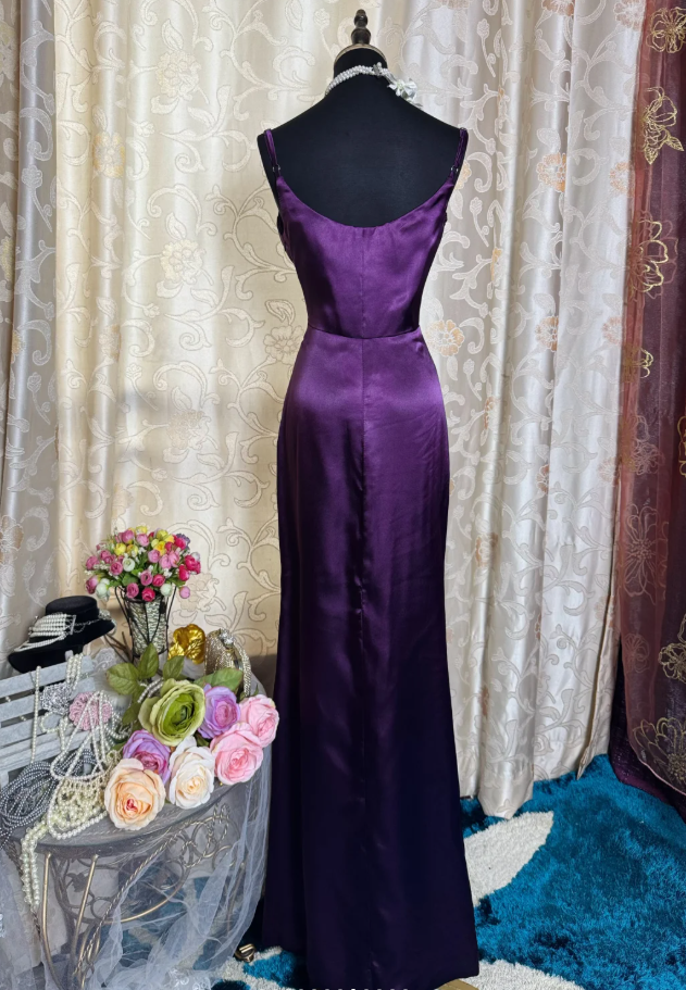 Stylish Spaghetti Straps Purple Satin Mermaid Long Evening Dress Birthday Dress SP1890