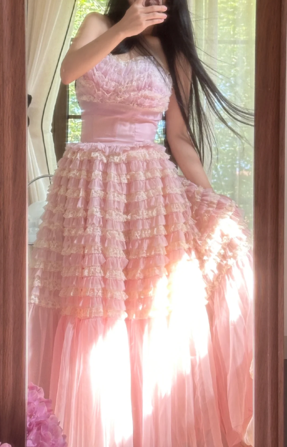 Sweet Strapless Pink Tulle Pleated A Line Long Party Dress Princess Birthday Prom Gowns