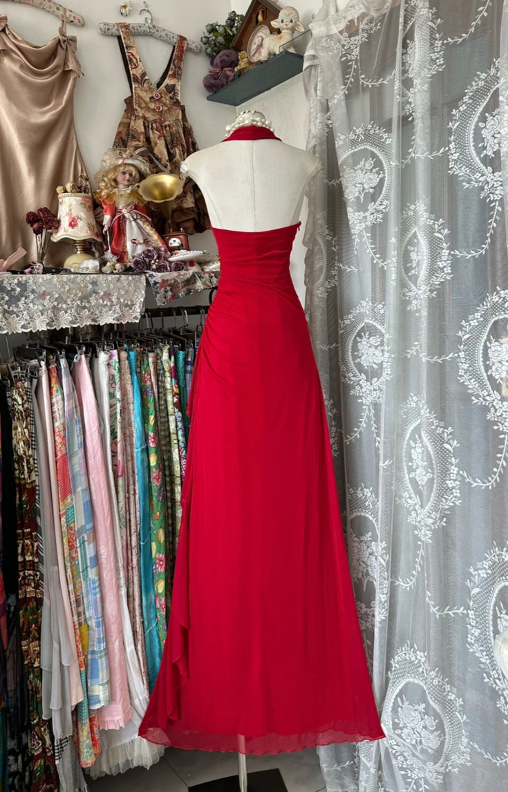 Retro Halter Red Chiffon Beaded Ruffles Mermaid Evening Dress Long Birthday Party Gown