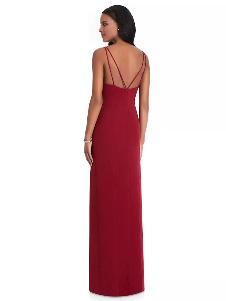 Round neckline off shoulder sleeveless backless side slit and floor length Prom dress