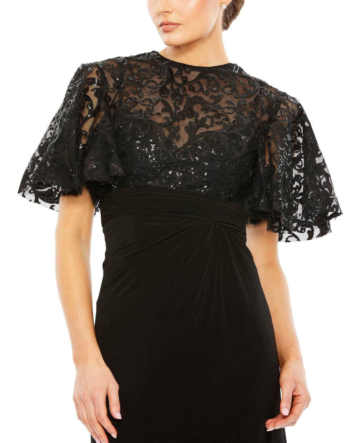 Round neckline short sleeved lace see through and floor length mother of the bride dress