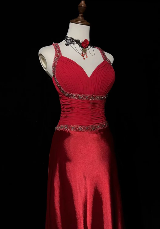 Charming Red Spaghetti Straps Satin Beaded Mermaid Long Wedding Guest Dress Formal Birthday Evening Gowns SP1797